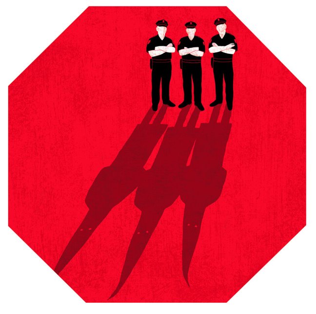 drawing of three police officers whose shadows are shaped as KKK hoods